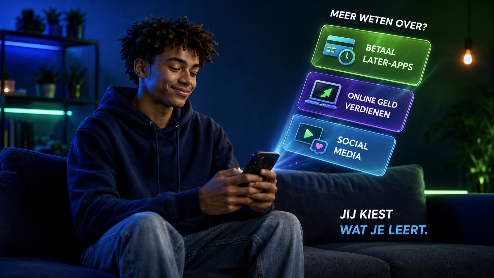 Jongere kiest op zijn telefoon wat hij over geld wil leren
