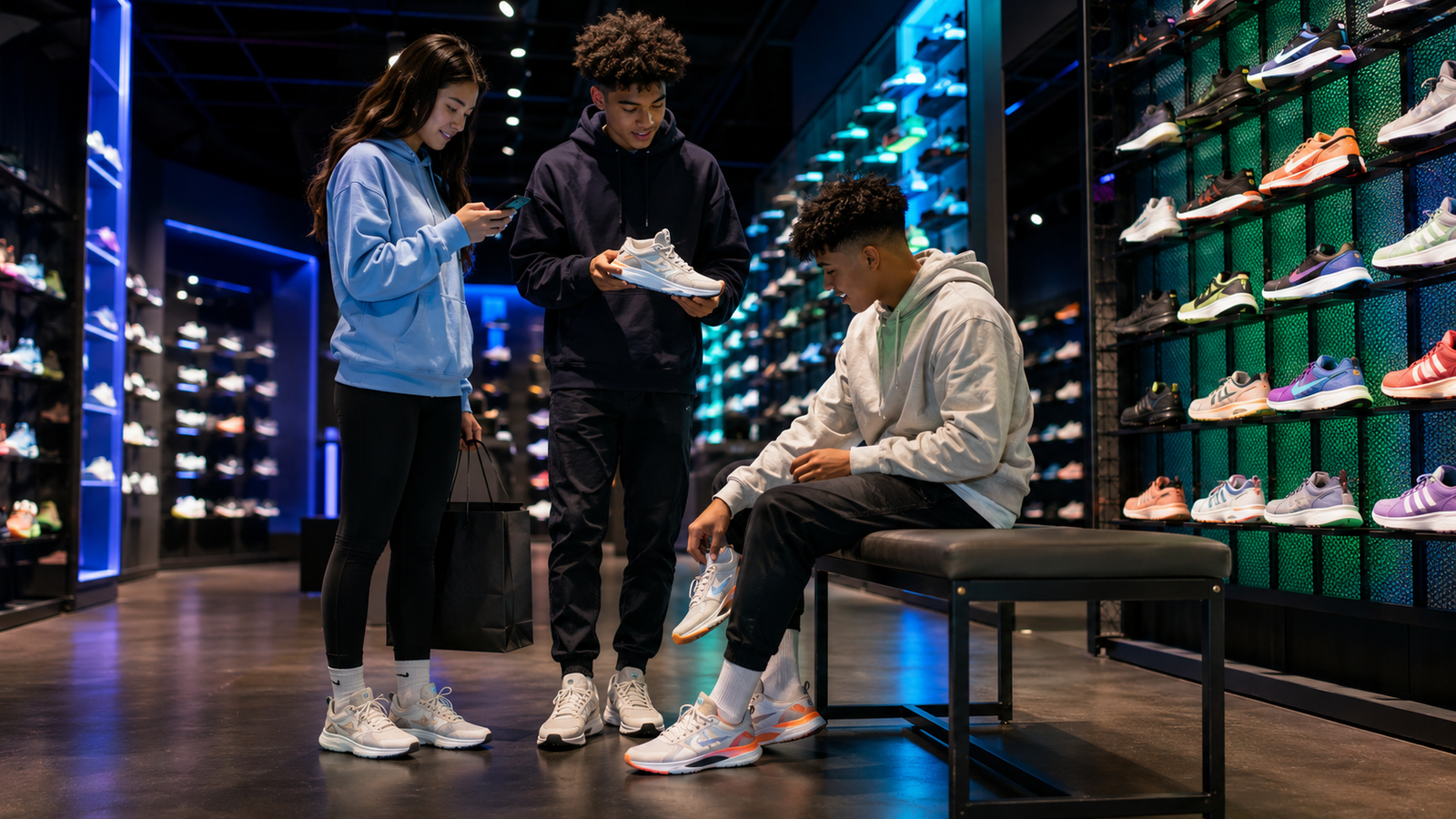 Jongeren maken bewuste keuzes in een sportieve schoenenwinkel
