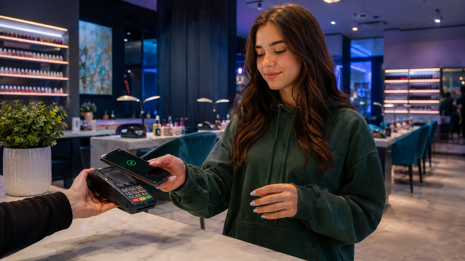 Jongere betaalt zelfstandig met haar telefoon in een nagelsalon