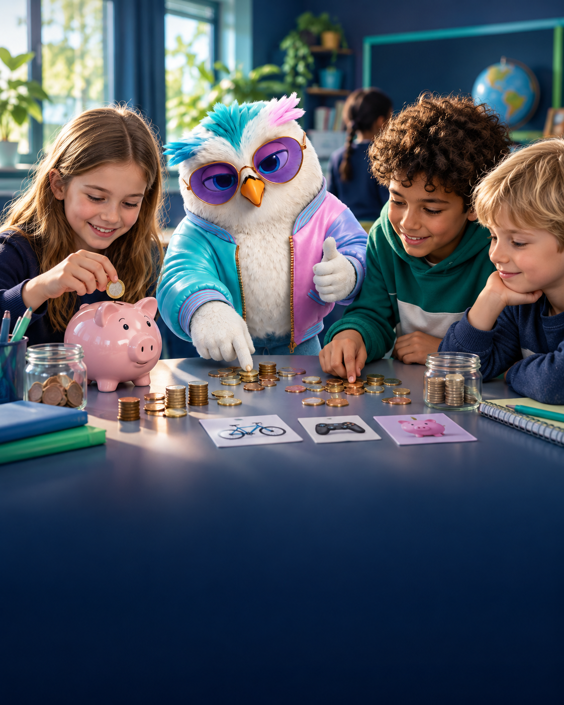 Jonge kinderen leren samen met Penny de basis van geld