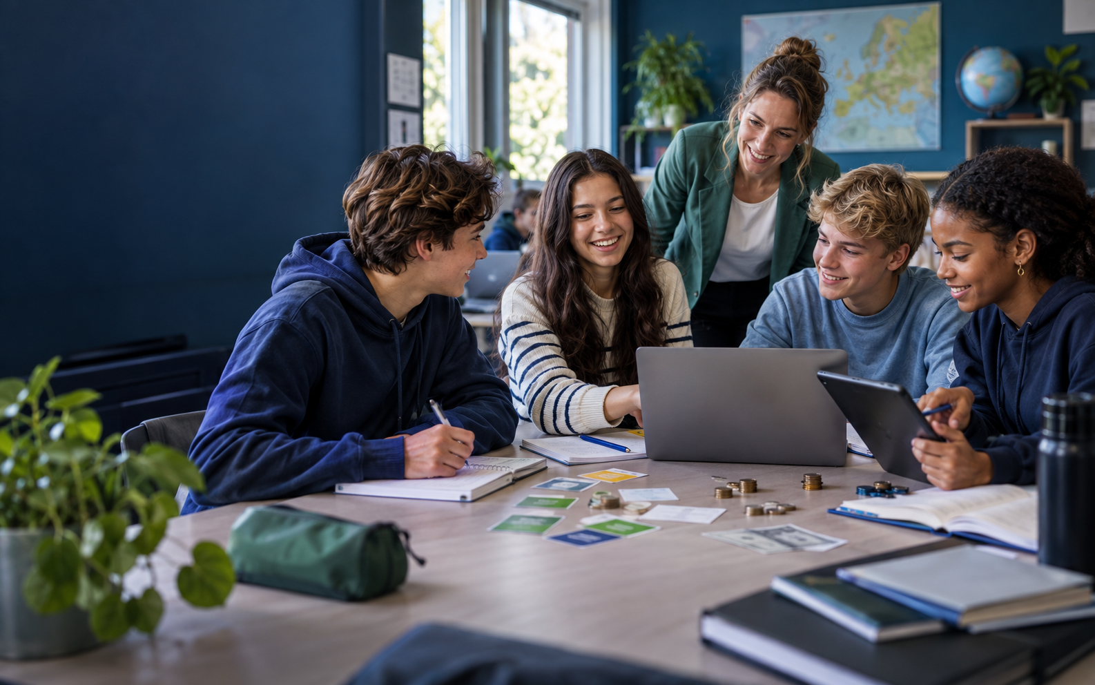 Jongeren leren op school samen over geld